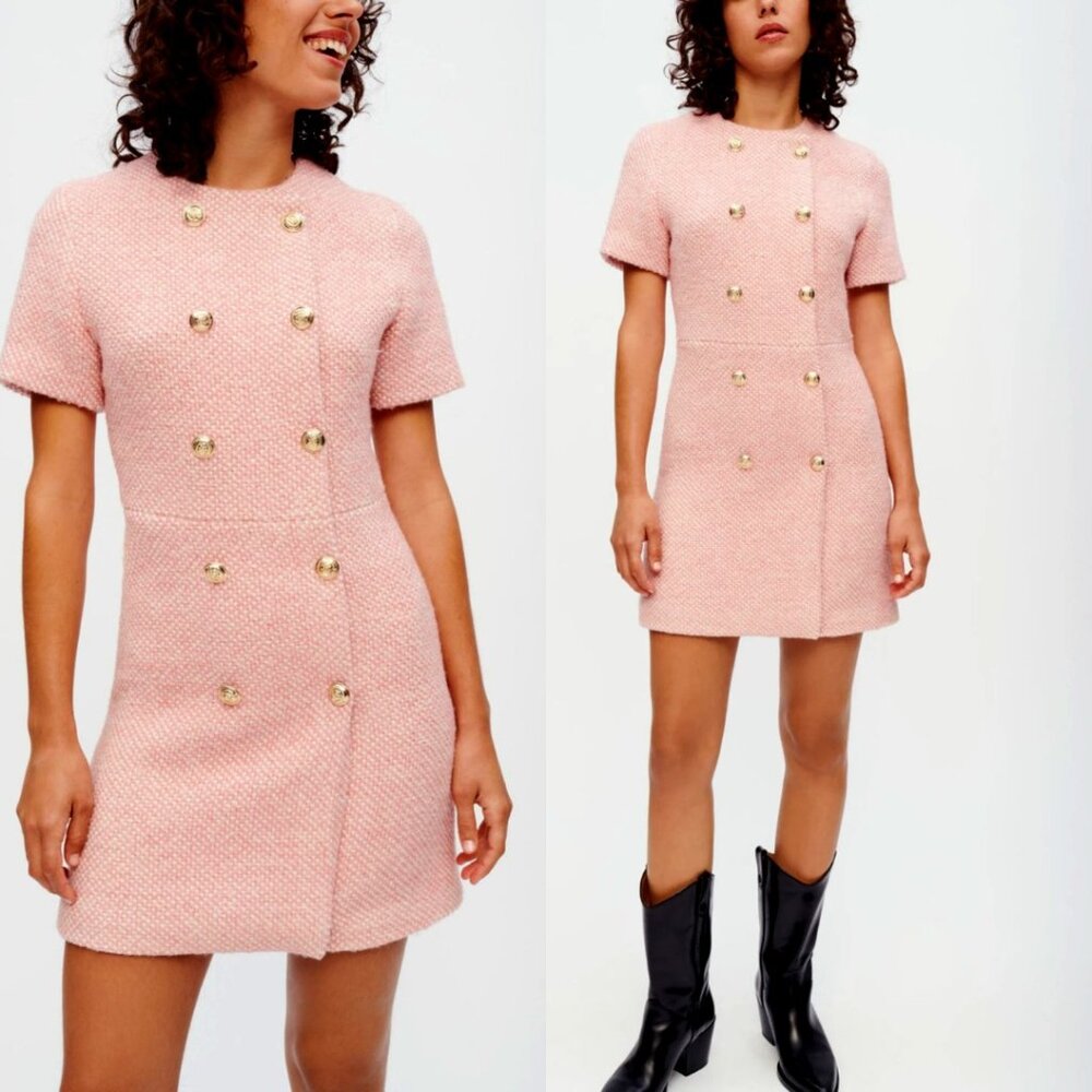 NWT Maje Rirosila Mini Dress Pink Tweed Double Breasted Short Sleeves Buttons
